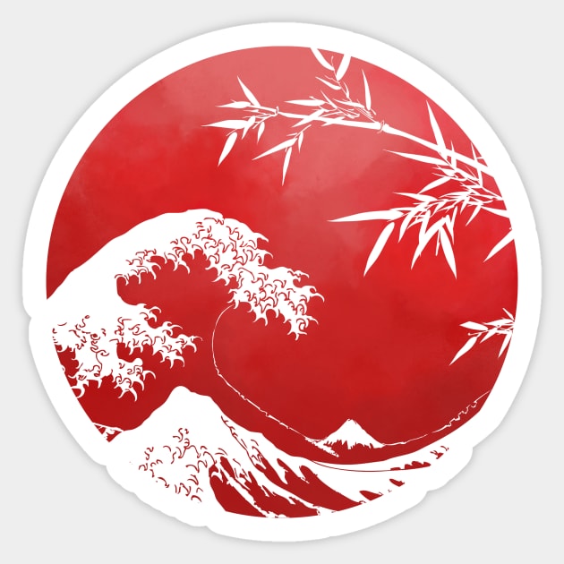 Vintage comic Japanese flag with Great Wave off Kanagawa and bamboo | Nature Sticker by Vane22april